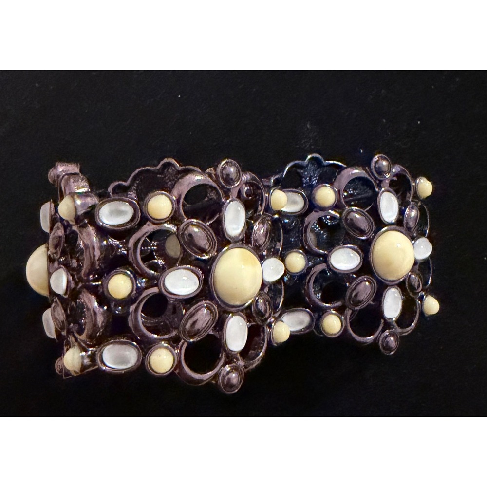 Gunmetal Floral Stretch Cuff Bracelet Off White Faux Mother of Pearl Inlay